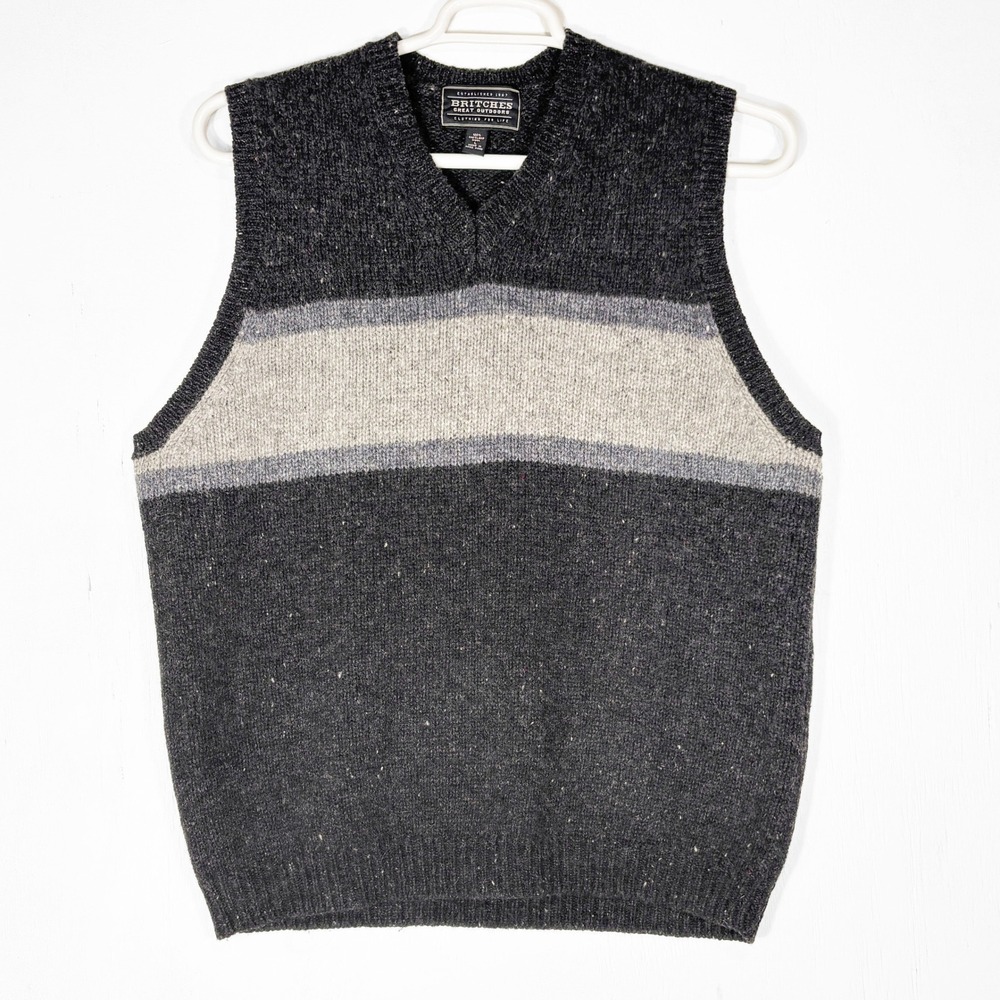 Britches‎ Great Outdoors Mens L Shetland Wool Sweater Vest Grey Striped Tweed